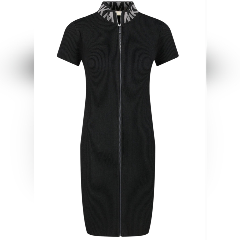 Nwot Michael Kors Black Ribbed Knit MK Logo Neckline Shortsleeve Zipfront Dress - Picture 12 of 17